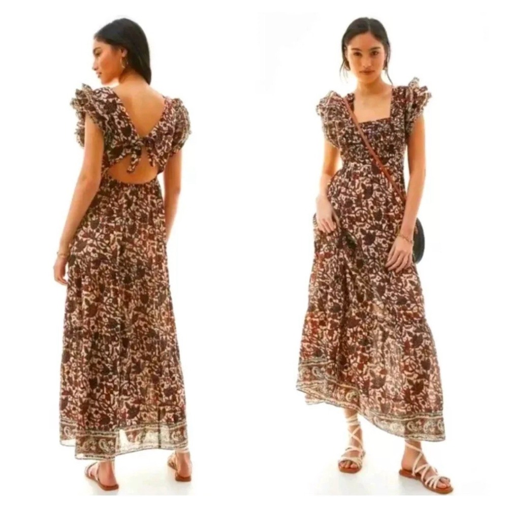HOUSE OF HARLOW 1960 Boho Floral Open Tie  Back Maxi Ruffle Dress Cotton Medium‎